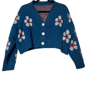 Cute y2k blue Daisy Flower Cropped Cardigan Sweater